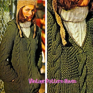 May include: An olive green hooded sweater with a cable knit design. The sweater has a V-neck, pockets, and a matching knit hat. The text "Vintage Pattern Haven" is visible in the image.