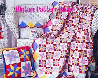 Star Quilt & Cushion Pattern | Hand Sewn Patchwork Quilt | Cottagecore Bed Cover | Retro Country Quilting | Scallop Pillow PDF