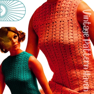 Può includere: Due abiti all'uncinetto, uno in verde acqua e uno in arancione, con un design a motivi vintage. Gli abiti sono senza maniche e hanno un collo alto.