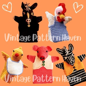 May include: A collection of five handmade crochet animal puppets. The puppets include a black horse, a rooster in blue overalls, a yellow chick with a bib, a pink pig in a vest, and a zebra in an orange vest. The text "Vintage Pattern Haven" is displayed.