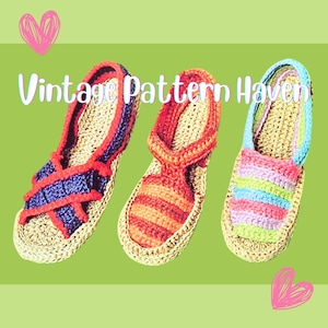 May include: Three pairs of crocheted sandals in different colours and patterns. The sandals are made with a natural fibre and have a flat sole. The sandals are a great summer accessory.