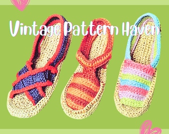 Vintage Crochet Espadrilles Pattern – 1970s Retro Sandals, DIY Jute Sole Shoes, Cheerful & Bold Summer Footwear Shoes, Boho Beach Sandals
