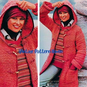 May include: A vintage red hooded coat with toggle closures. The coat has a textured appearance and a matching hood. The model is wearing a striped sweater and a red headband. The text "Vintage Pattern Haven" is visible.