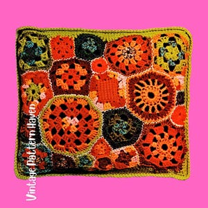 Vintage Crochet Patchwork Pillow Pattern PDF – Crazy Granny Cushion, 25 Motif Boho Throw, Herringbone Stitch Join, Retro Home Decor