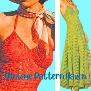 Puede incluir: Imagen de un patrón de ganchillo vintage con dos prendas. Una parte superior roja con cuello halter y un escote detallado y un vestido largo verde de tejido abierto con tirantes finos. El texto "Vintage Pattern Haven" está en la parte inferior.