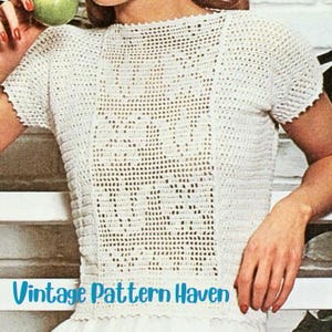 Vintage Filet Crochet Top Pattern PDF | Retro Summer Tee with Butterfly & Tulip Motif | Light Cotton Mesh Crochet Shirt | Lacy Summer Blouse