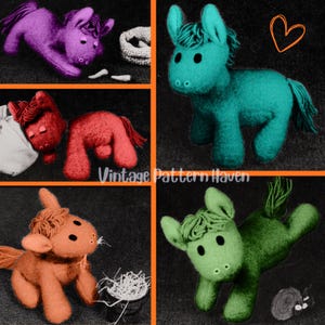 May include: A collage of colourful felt horse toys in purple, red, teal, and orange. Each horse has a mane and tail, with some posed near accessories like a bucket and hay. The image is from "Vintage Pattern Haven."