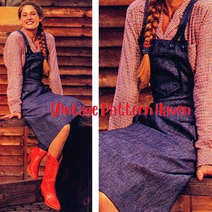 May include: A denim overall dress with a red and white checkered long-sleeve shirt and red cowboy boots. The dress has a bib top and button closures. The boots are a vibrant red color.