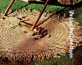 Vintage Crochet Rug Pattern with Macramé Fringe | 1970s Round Boho Rug DIY Tutorial PDF | Easy Crochet + Macramé Design | Beach Style Decor