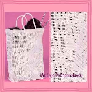May include: A white, open-weave crochet tote bag with two handles, filled with yarn and knitting needles. The bag features a floral design. The image includes the text "Vintage Pattern Haven".