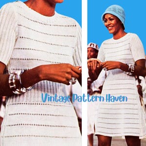 May include: A vintage white knitted dress with short sleeves and horizontal openwork stripes. The dress is paired with a matching bracelet and ring. The text "Vintage Pattern Haven" is visible.