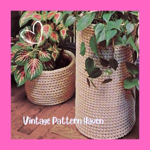 May include: Two beige crochet plant pot covers, one round and one tall, hold vibrant green and red leafy plants. The text "Vintage Pattern Haven" is displayed at the bottom. The image is set against a pink background.