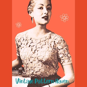 Puede incluir: Imagen vintage de una mujer con un top de crochet beige de manga corta. El top tiene un diseño floral. El fondo es naranja con ilustraciones de flores blancas y el texto "Vintage Pattern Haven".