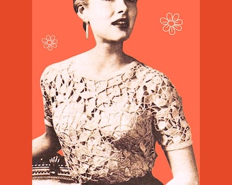 Patrón de blusa de crochet de los años 50 (PDF) – Camiseta vintage con estampado floral – Top elegante de noche – Camisa retro de verano – Top bohemio de crochet de algodón