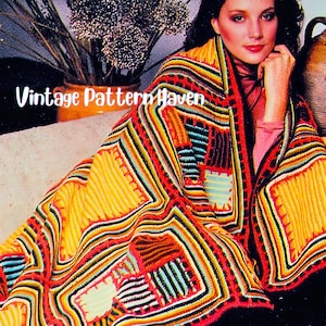 Puede incluir: Una colorida manta de ganchillo vintage con un diseño geométrico. La manta presenta un mosaico de secciones amarillas, rojas, negras y azules. El texto "Vintage Pattern Haven" es visible en la imagen.