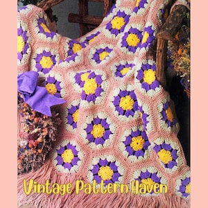 Vintage Crochet Hexagon Afghan Pattern PDF – Wildflower Granny Square Blanket, Retro Throw, Easy Floral Crochet, Boho Home Decor Gift Idea