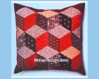 Wzór na poduszkę w stylu vintage patchwork w formacie PDF | Poduszka pudełkowa DIY z efektem kostki 3D | Szybki projekt patchworkowy dla początkujących (kwadrat 16 cali)