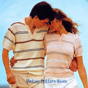 May include: A cream-colored short-sleeved knit shirt with brown horizontal stripes and a V-neck collar, alongside a pale pink short-sleeved knit shirt with horizontal stripes, a buttoned placket, and eyelet detailing. Text reads Vintage Pattern Haven.
