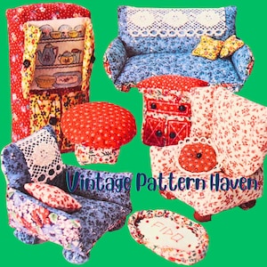May include: A selection of miniature fabric furniture, including a sofa, armchair, cabinet, and mushroom-shaped stool. The furniture features floral patterns in red, blue, and white, with lace and button details. The text "Vintage Pattern Haven" is visible.