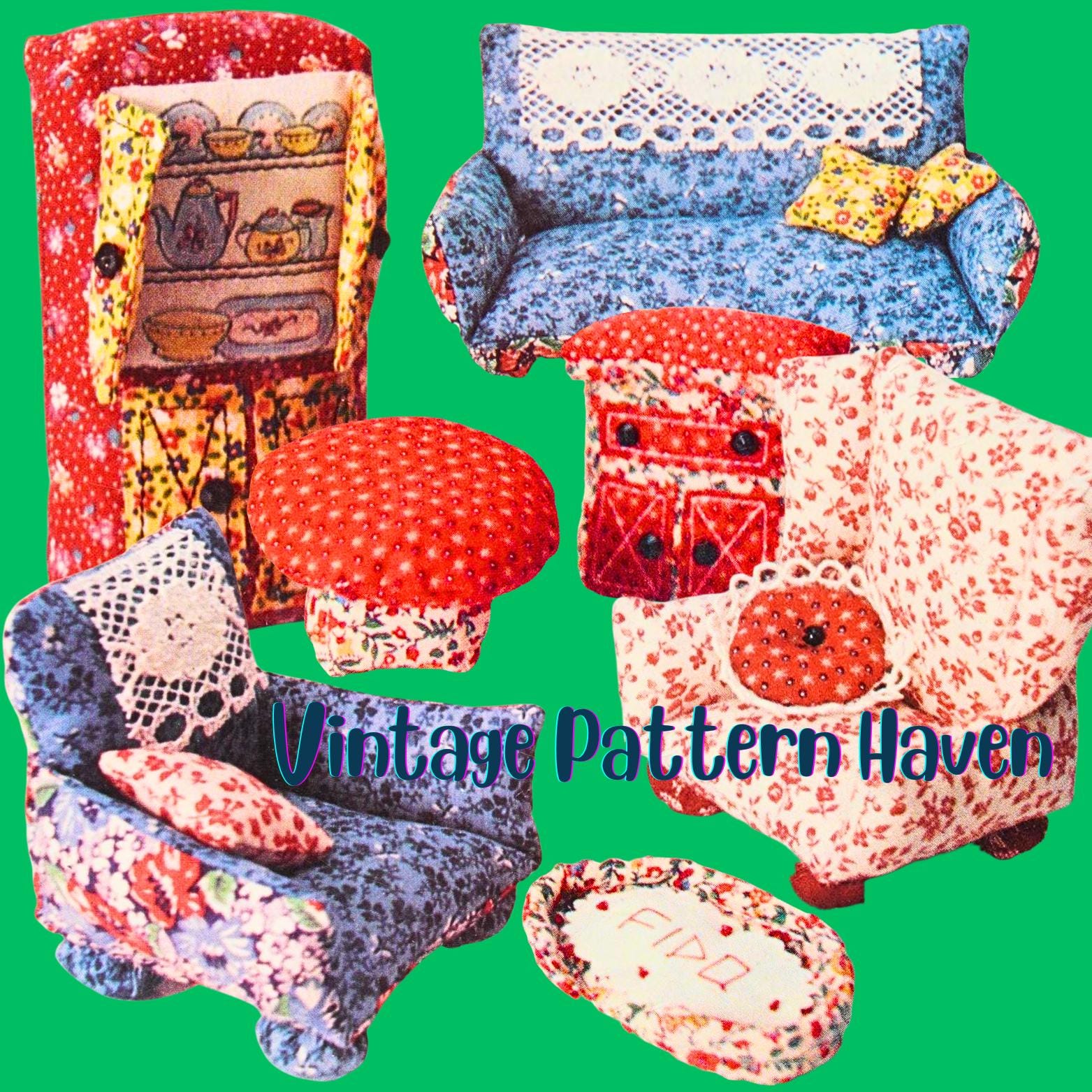 Whimsical Dollhouse Furniture Pattern PDF – Vintage Soft Stuffed Miniatures – DIY Patchwork Scrap Fabric Sewing – Fits Most Play Dollhouses