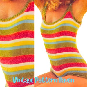 May include: A vintage-style striped swimsuit in shades of pink, yellow, blue, and green. The swimsuit has a scoop neckline and a classic silhouette. The text "Vintage Pattern Haven" is at the bottom of the image.