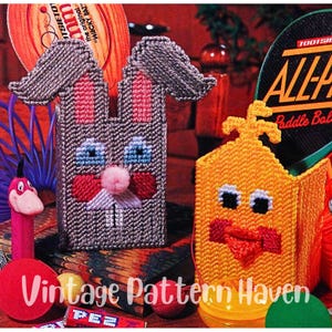 Hase & Küken Osterkörbchen Muster - Vintage Kunststoff Leinwand, DIY Eiersuche Korb, süßes Osterdekor, Kinder Leckerei Halter, handgemachtes Geschenk