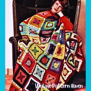 May include: A colorful, crocheted blanket with square patterns in various colors, including red, blue, yellow, and green. The blanket is draped over a chair. The text "Vintage Pattern Haven" is visible at the bottom.