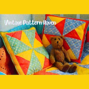 May include: Two colorful patchwork pillows with red, yellow, and blue geometric patterns. A brown teddy bear sits between the pillows. The text "Vintage Pattern Haven" is displayed across the top of the image.
