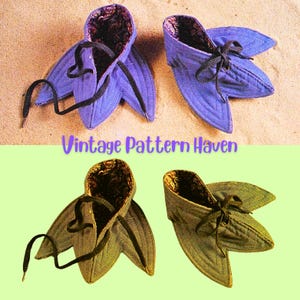 May include: Two pairs of vintage leaf-shaped shoes in the image. One pair is a vibrant purple, the other is olive green. Both have black laces and patterned interior lining. The text "Vintage Pattern Haven" is visible.