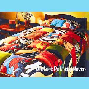 May include: A bed with a colorful patchwork quilt and pillows. The quilt features a variety of patterns and colors, including red, blue, yellow, and green. The text "Vintage Pattern Haven" is visible on the quilt.