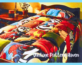 Vintage Puff Stitch Quilt Pattern | Easy Patchwork Comforter Sewing Tutorial | Retro Scrap Fabric Blanket | Colorful DIY Bedspread