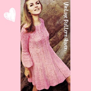 1960s Crochet Mini Dress Pattern, Vintage Boho A-Line Dress, Flared Sleeve Crochet Dress, Chevron Zig Zag Mod Dress, Retro Hippie Dress PDF