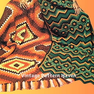 Könnte beinhalten: Zwei gehäkelte Decken mit Fransen. Eine Decke ist orange, braun, gelb und weiß mit einem geometrischen Muster. Die andere Decke ist grün, orange und braun mit einem Zickzackmuster. Der Text "Vintage Pattern Haven" ist im Bild sichtbar.