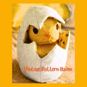 May include: A soft, yellow chick peeks out of a white eggshell. The eggshell is split open, showing the chick's face and body. The text "Vintage Pattern Haven" is printed in orange at the bottom. The background is a solid orange.