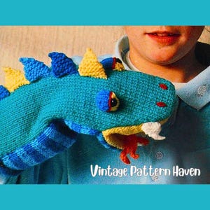 Dragon handpop breipatroon pdf, vintage gebreid speelgoed, kinderen fantasiepop, doe-het-zelfcadeau, DK garen breien, schattige fantasiedraak