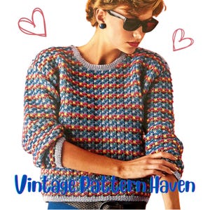 May include: A vintage knitting pattern for a colorful striped sweater with a textured stitch. The sweater is made with a variety of colors, including blue, red, yellow, and green.