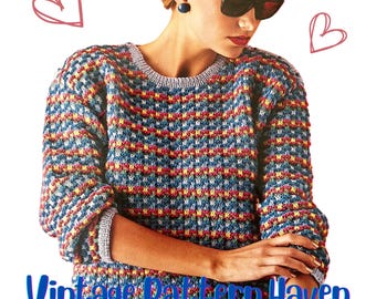 Patrón de tejido de jersey vintage de punto deslizado para mujer, años 80 / Corte holgado / Diseño texturizado en 6 colores / Tallas S-L / Descarga en PDF / 100 % lana