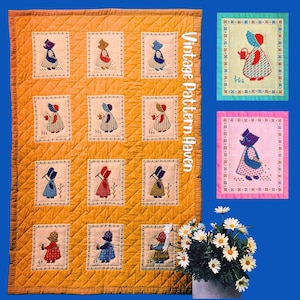 May include: A vintage quilt with nine embroidered squares, each featuring a figure in a bonnet and dress. The quilt has a yellow background with a diamond pattern. The text "Vintage Pattern Haven" is on the side.