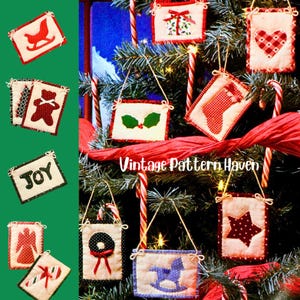 May include: A Christmas tree decorated with handmade fabric ornaments. The ornaments feature festive designs like a rocking horse, star, and gift, with red and white accents. The text "Vintage Pattern Haven" is visible.