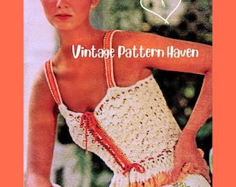 Vintage Crochet Camisole Pattern PDF – 1970s Boho Peplum Top, Button Front Shell Stitch Summer Tank, Romantic Women’s Crochet Vest