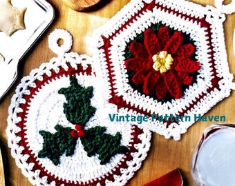Modèle de manique au crochet vintage - Motifs festifs de houx et de poinsettia ! Cadeau ou décoration de cuisine de Noël parfait, charme rétro des vacances des années 1970 !