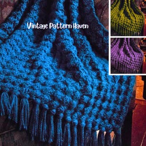 May include: A textured, teal-colored blanket with a fringe trim. The blanket features a repeating pattern and the text "Vintage Pattern Haven". Additional images show similar blankets in green and purple.