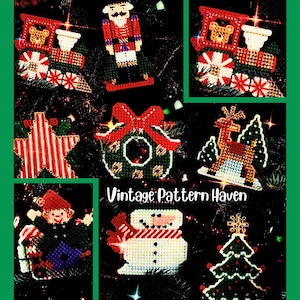 May include: A collage of handmade Christmas ornaments, including a train, nutcracker, star, wreath, reindeer, elf, snowman, and Christmas tree. The ornaments are made with red, green, white, and brown yarn. The text "Vintage Pattern Haven" is also visible.
