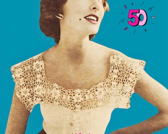 Padrão de blusa de crochê rendada vintage dos anos 1950 em PDF – Blusa floral rendada com mangas curtas, decote quadrado, blusa de verão elegante e retrô faça você mesmo