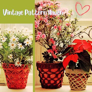 Può includere: L'immagine presenta tre piante in vaso con coprivasi all'uncinetto. Le piante includono margherite, azalee rosa e una stella di Natale. I coprivasi all'uncinetto sono rossi, marroni e beige. Il testo "Vintage Pattern Haven" è in alto.