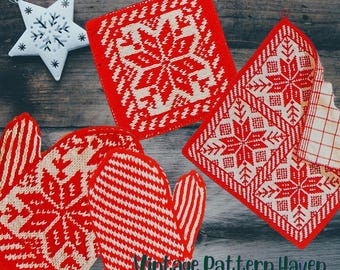 May include: A collection of red and white knitted kitchen items with snowflake patterns, including oven mitts, pot holders, and a decorative star ornament. The items are arranged on a wooden surface, creating a cozy, festive scene.