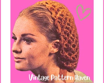 1960s Crochet Snood Pattern PDF – Vintage Hair Net – Fishnet Style Hair Cover – Retro Crochet Accessory – Cosplay Reenactment Costume