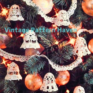 May include: A close-up of a Christmas tree decorated with white crocheted bells and a white crocheted garland. The tree is also decorated with shiny gold ornaments and white lights. The text "Vintage Pattern Haven" is visible in the image.