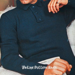 May include: A dark blue long-sleeved polo shirt featuring a ribbed knit texture, a classic collar, and a buttoned placket with three matching buttons. The text "Vintage Pattern Haven" is printed in white at the bottom of the image.