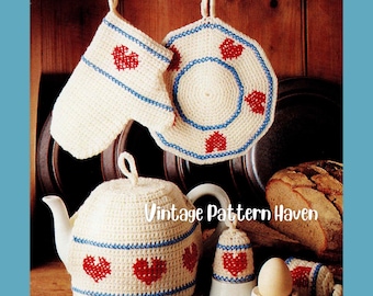 Conjunto de crochê para cozinha em PDF, decoração de cozinha estilo cottagecore, pegador de panela, capa para bule, luva de forno, aquecedores de ovos, conjunto de crochê vintage para casa